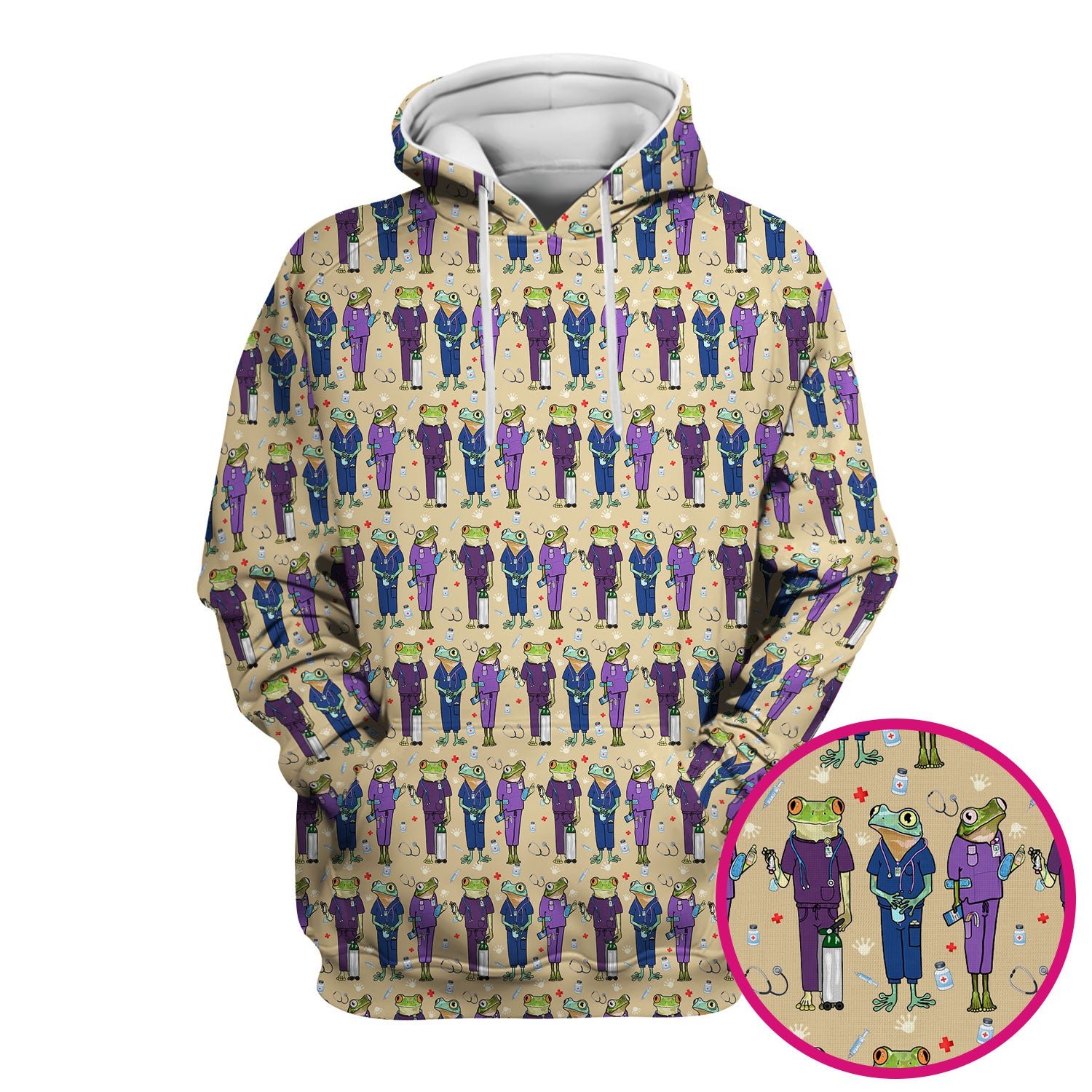 Funny Frog Nurse Pattern Scrub Top, Breathable Healthcare Uniform Top