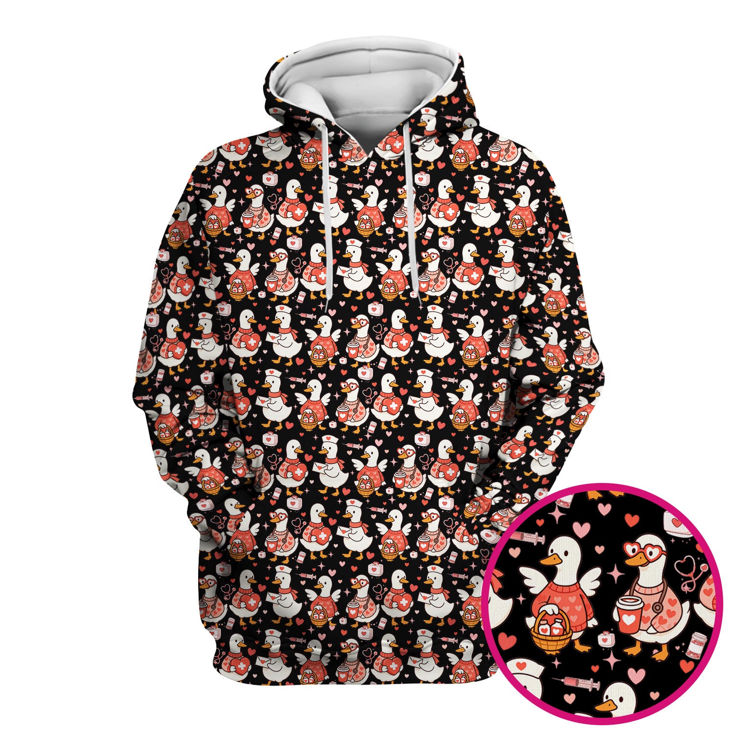 Valentine Goose Nurse Scrub Top, Heart Medical Pattern Nurse Shirt, Breathable Fabrics Nursing Uniform