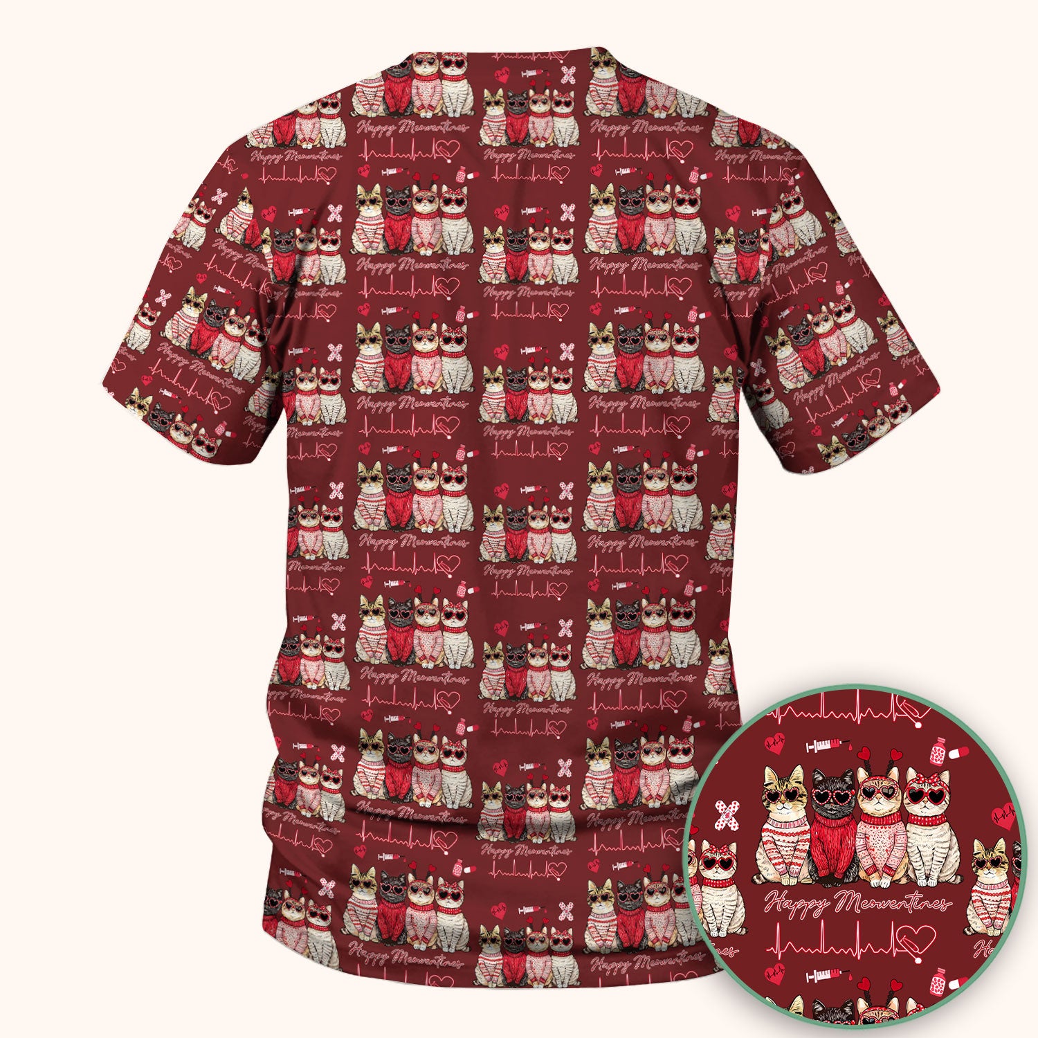 Happy Meowtines Cat Pattern Scrub Top, Valentine Cat Lover Nurse Scrub Shirt, Heartbeat Medical Pattern Nursing Uniform