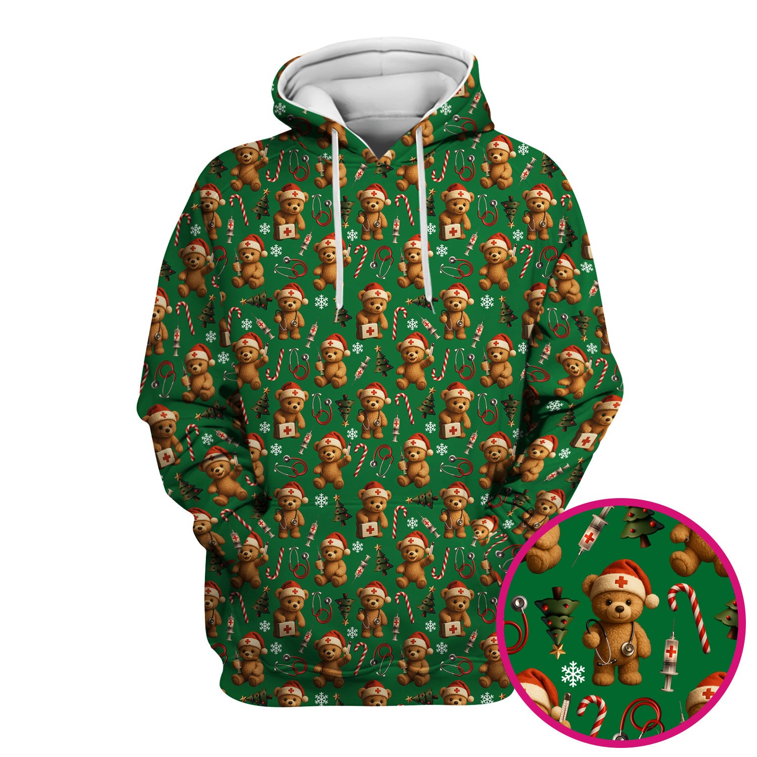 Teddy Bear Christmas Scrubs for Women - Cute Nurse Bear Pattern Medical Scrub Top - Holiday Christmas Scrubs with Fun Festive Design