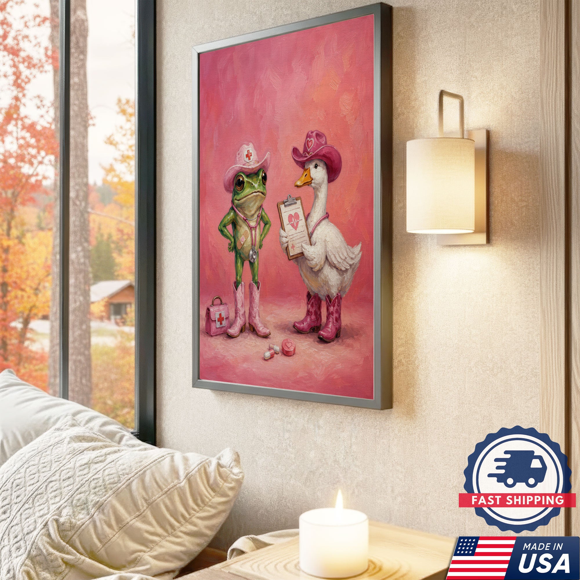 Cute Nurse Frog Duck Cowgirl Canvas Wall Art, Clinic Decor