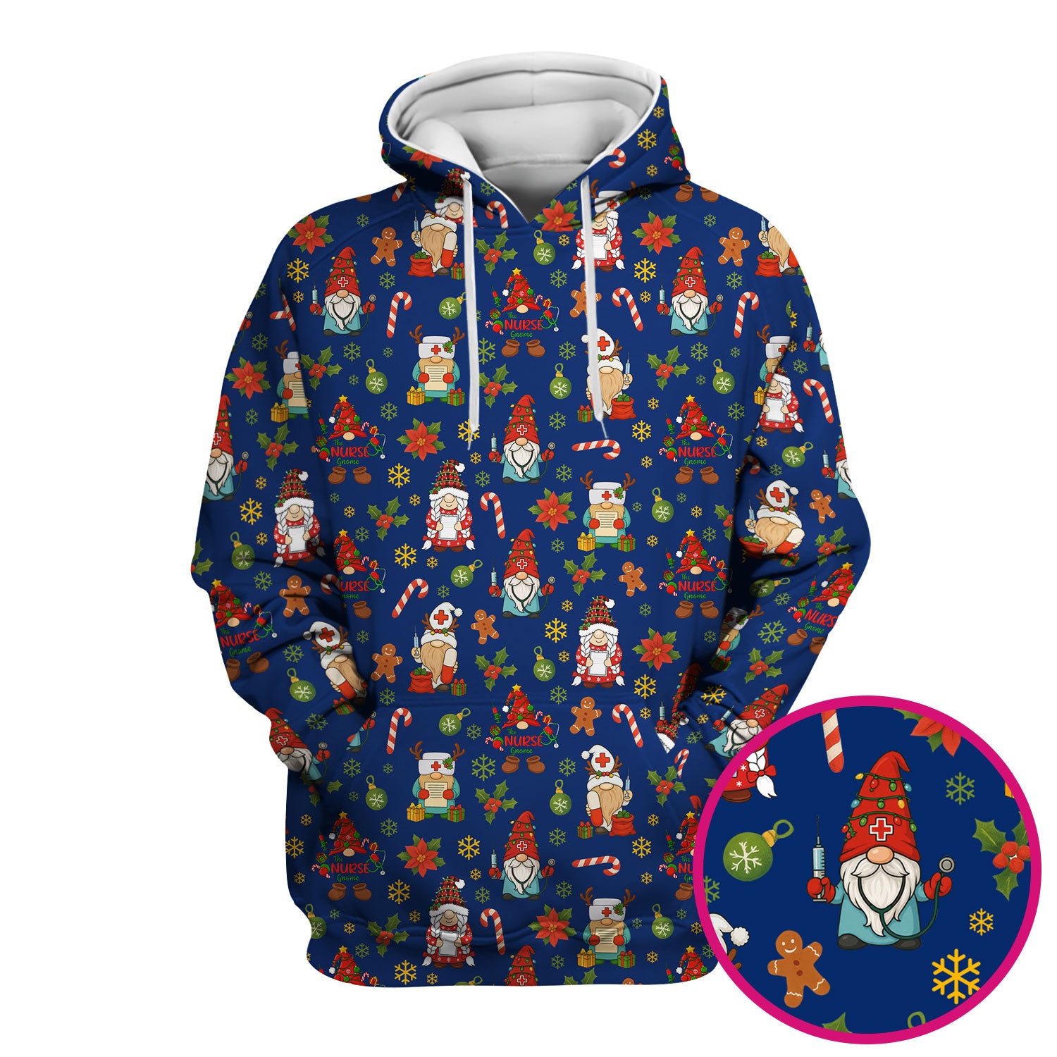 Christmas Gnome Nurse Scrub Top - Cute Holiday Santa Reindeer Print Scrubs - Funny Xmas Medical Scrub Shirt Gift for Women, CNA, RN, Doctor