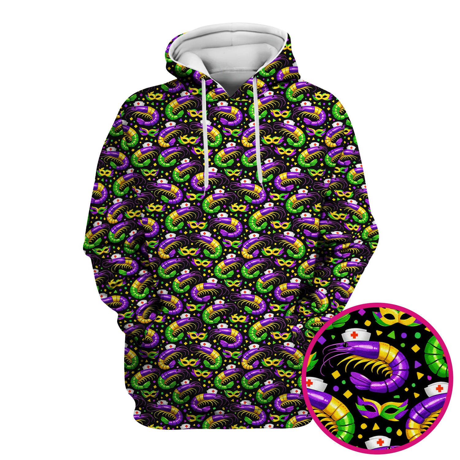 Mardi Gras Pattern Scrub Top, Crawfish Carnival Medical Nurse Scrub Shirt, Breathable Fabrics Nursing Uniform