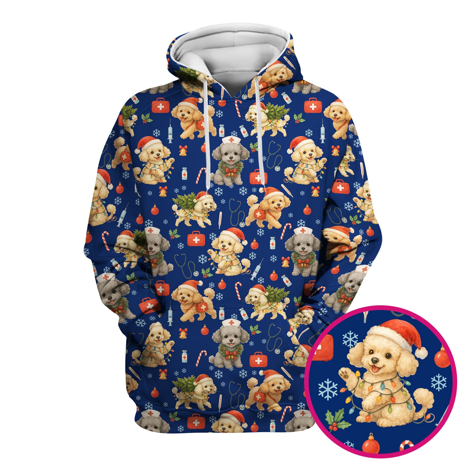 Cute Christmas Dog Scrub Top - Puppy Nurse Shirt Santa Hat Print - Holiday Medical Scrubs Gift for Women CNA RN Doctor