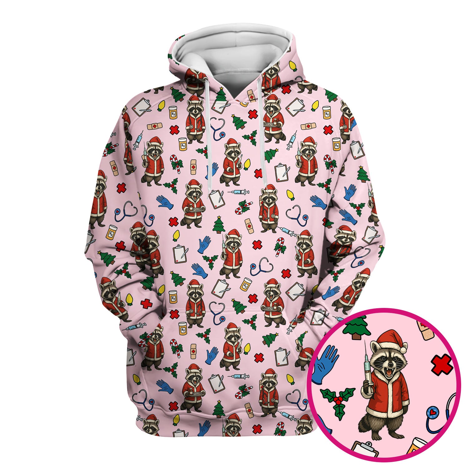 Christmas Raccoon Nurse Scrub Top - Funny Holiday Santa Pattern Shirt - Cute Medical Gift for RN LPN CNA Women