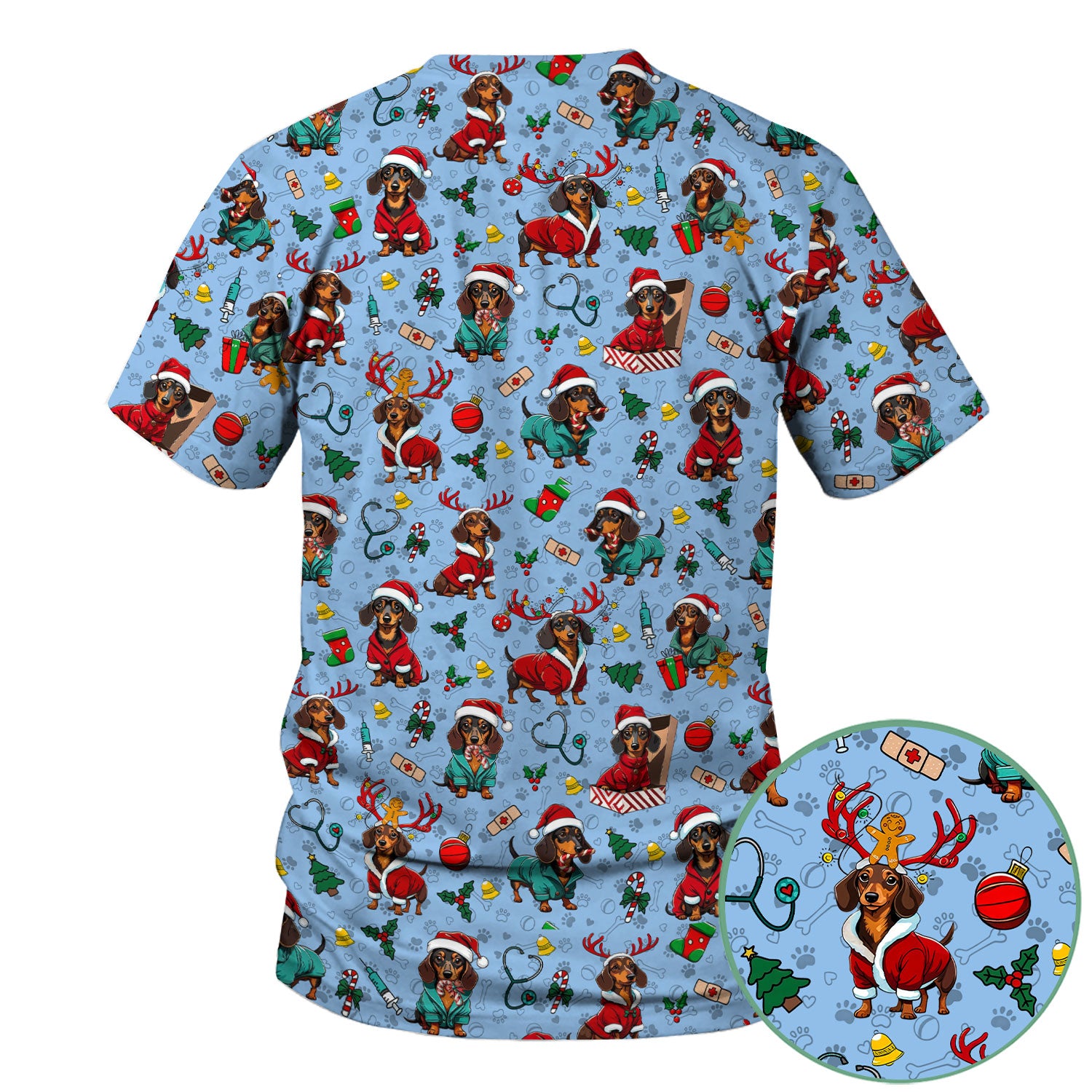 Christmas Dachshund Scrubs for Nurses - Cute Sausage Dog Holiday Scrub Top - Funny Reindeer & Santa Medical Shirt for Women