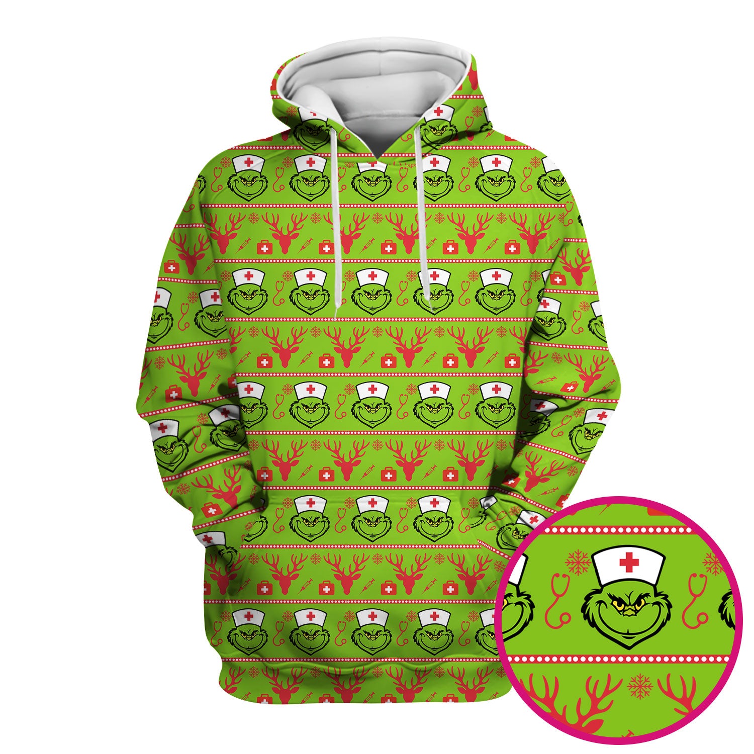 Funny Grinch Nurse Scrubs Top - Ugly Christmas Sweater Style Scrub Shirt - Holiday Nursing Workwear for Women