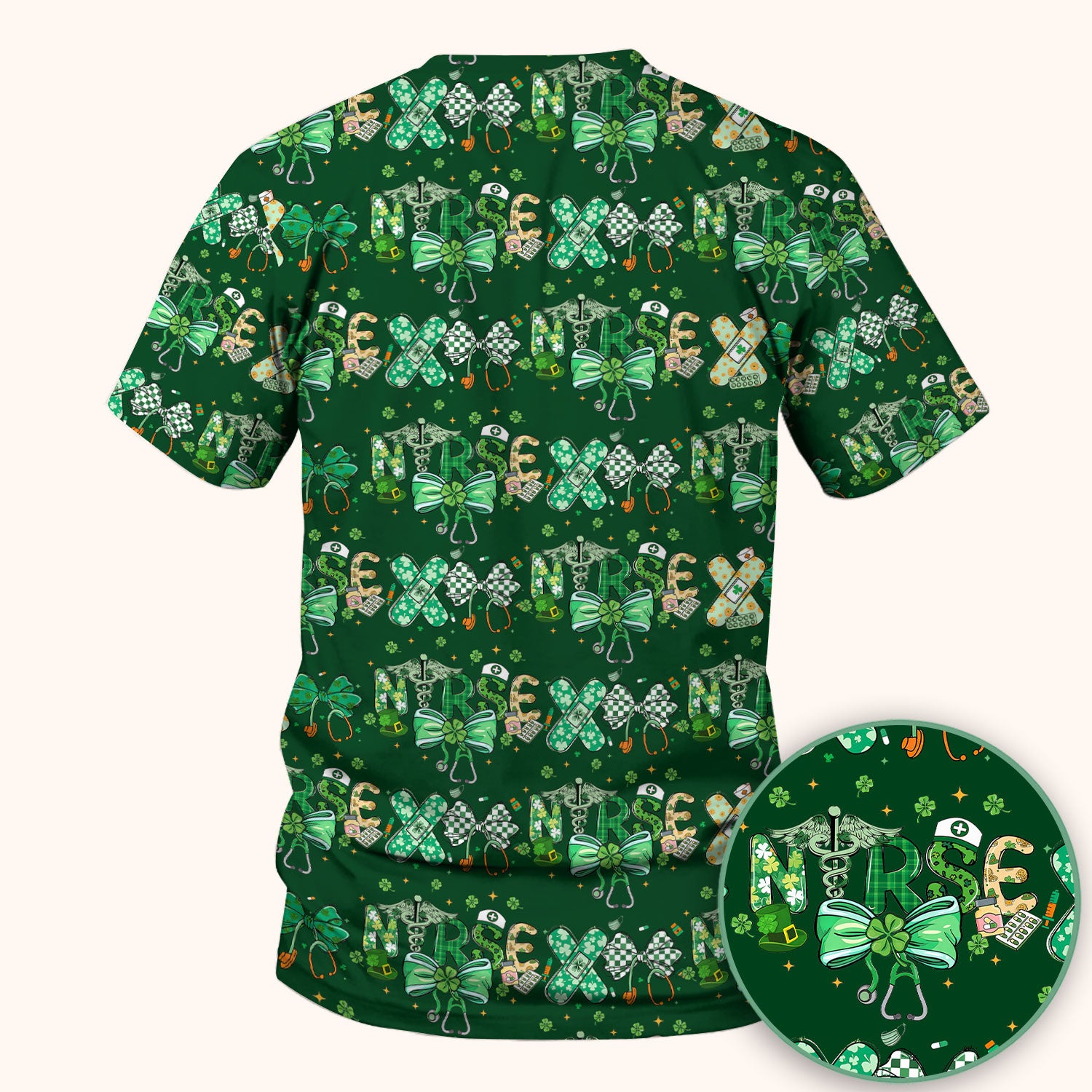 St. Patrick’s Nurse Scrub Top, Lucky Clover And Green Bow Pattern Nurse Shirt, Breathable Fabrics Nursing Uniform