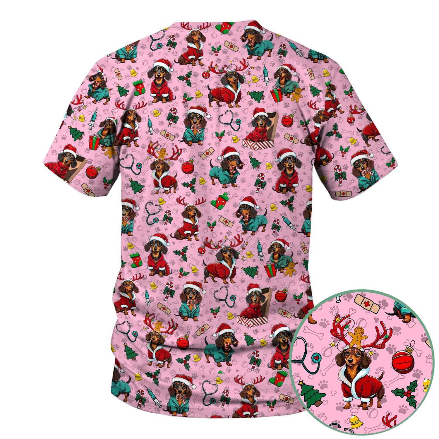 Christmas Dachshund Scrubs for Nurses - Cute Sausage Dog Holiday Scrub Top - Funny Reindeer & Santa Medical Shirt for Women