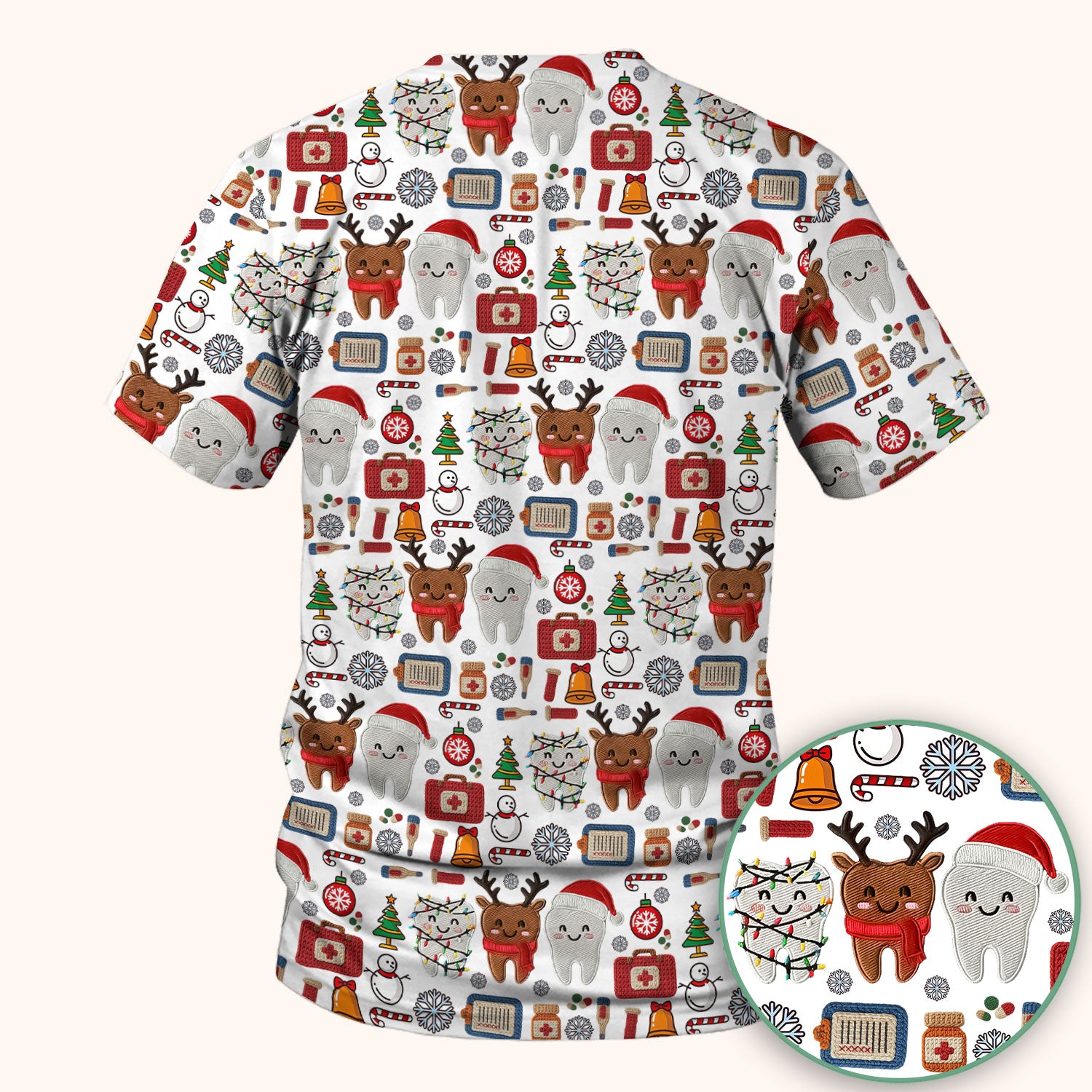 Christmas Dental Scrub Top - Cute Santa & Reindeer Tooth Shirt - Funny Holiday Medical Uniform for Dentists, Hygienists & Nurses