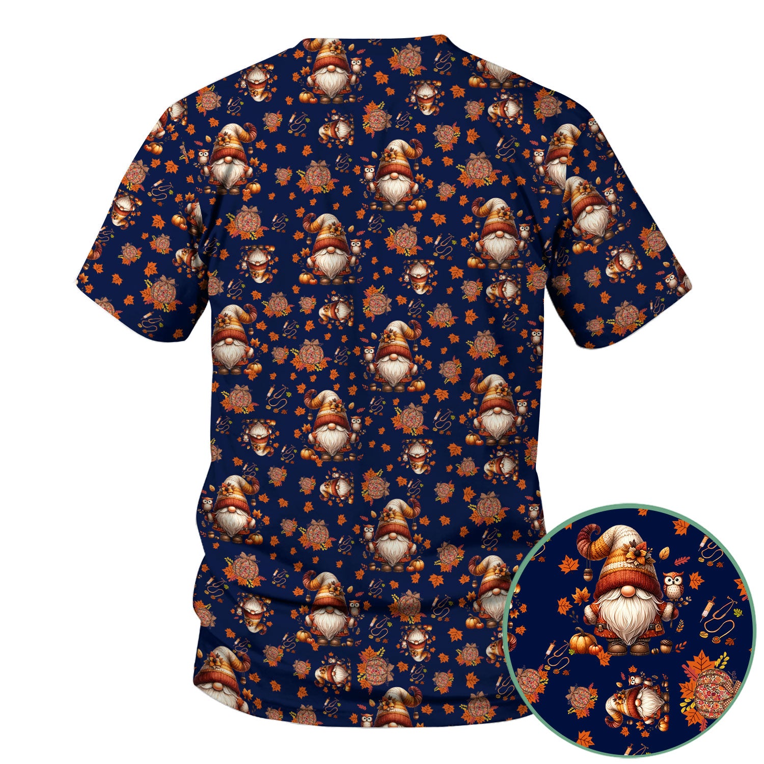 Fall Gnome Nurse Scrub Top for Women - Autumn Leaves Pumpkin Shirts - Thanksgiving Nursing Uniform Gift for RN LPN CNA