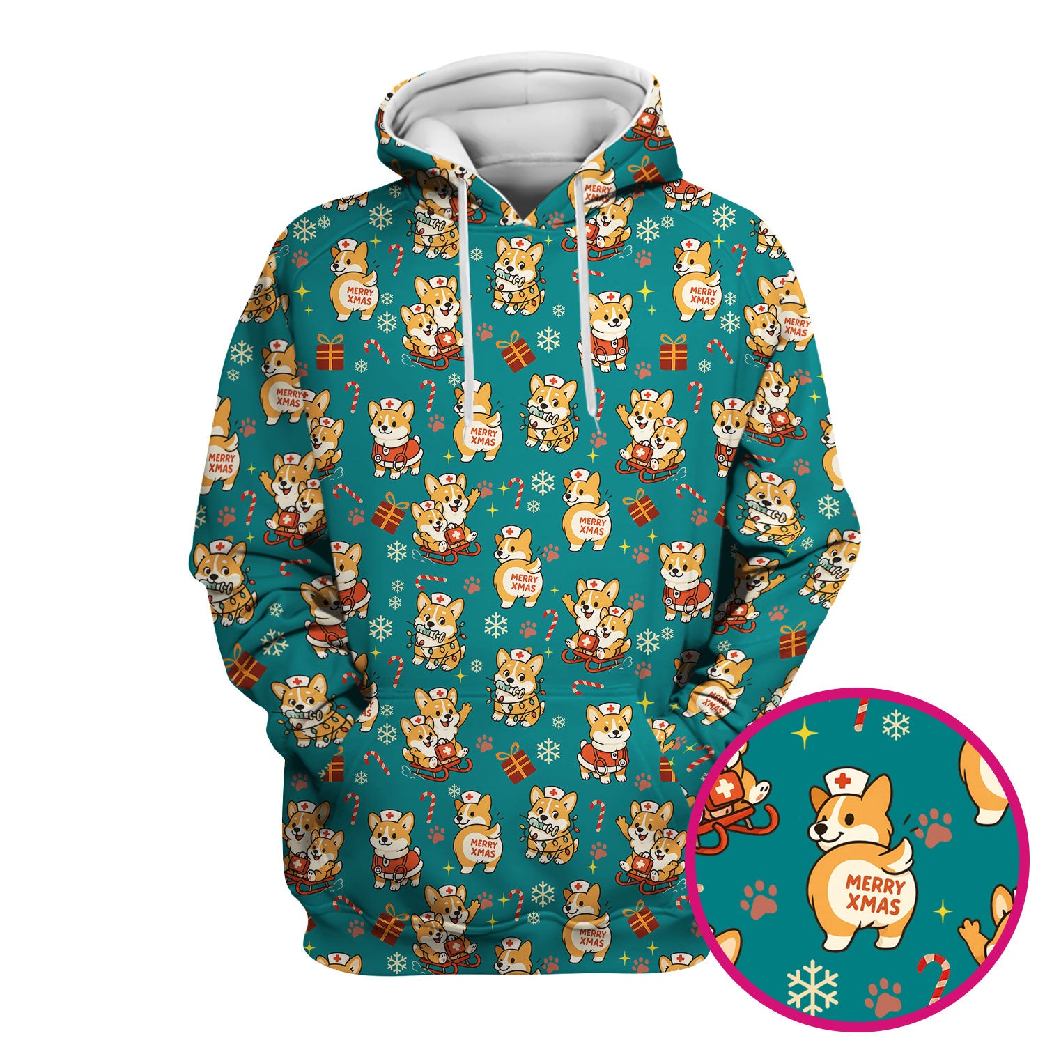 Christmas Corgi Scrubs for Nurses - Cute Corgi Pattern with Candy Canes, Snowflakes and Gifts - Funny Holiday Nurse Scrub Top Gift for Women RN CNA LPN