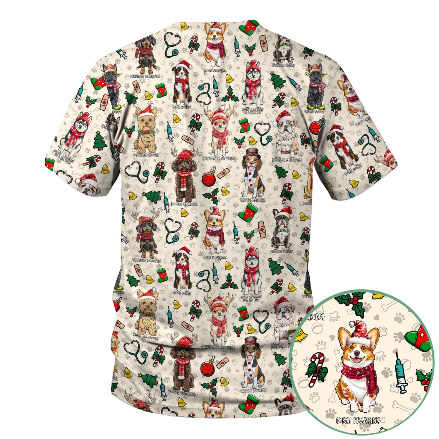 Christmas Dog Scrubs for Nurses – Dachshund, Husky, Poodle, Corgi & Labrador Holiday Scrub Top – Funny Santa Pattern Medical Shirt