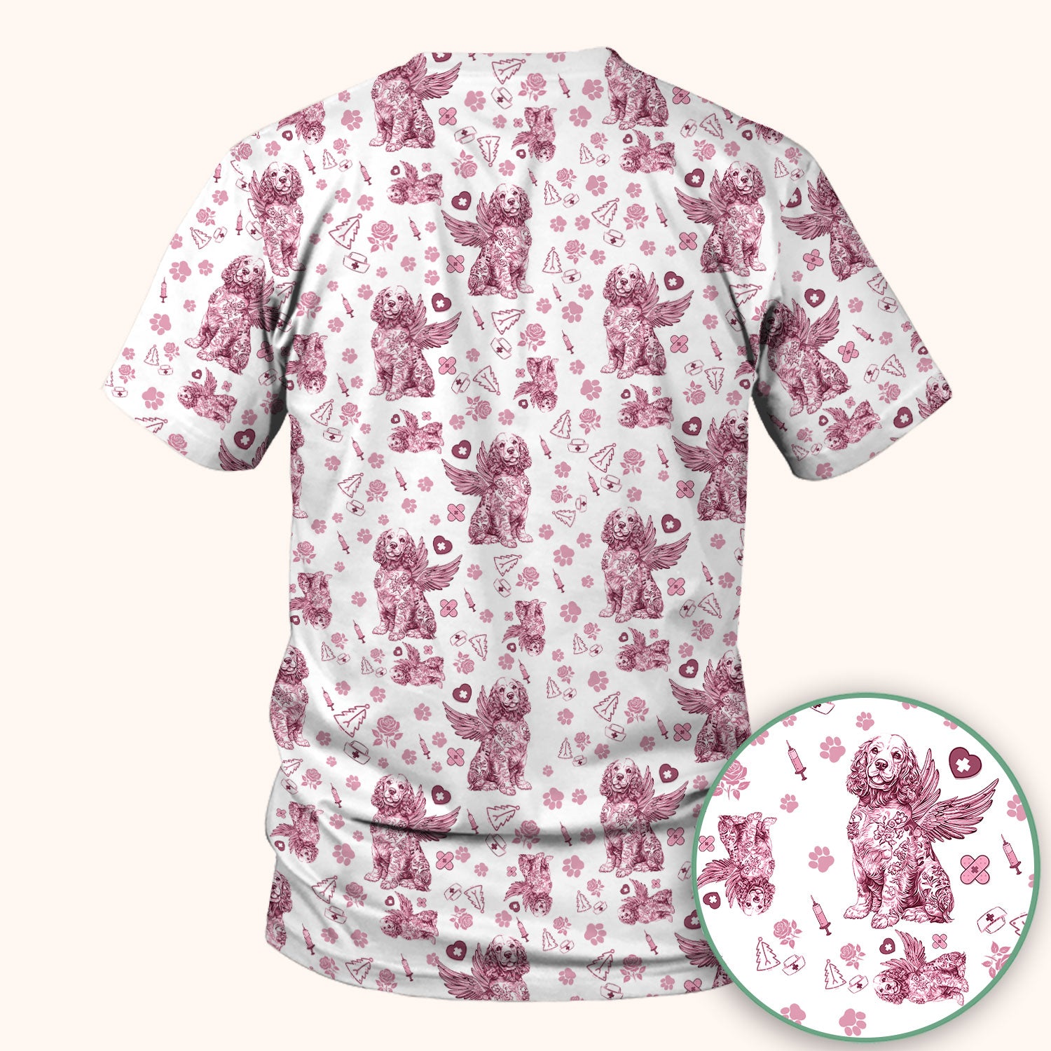Toile De Jouy Scrubs for Nurses - Angel Puppy Medical Uniform - Floral Dog in Heaven Gift for Women, Vet Techs, RN CNA LPN