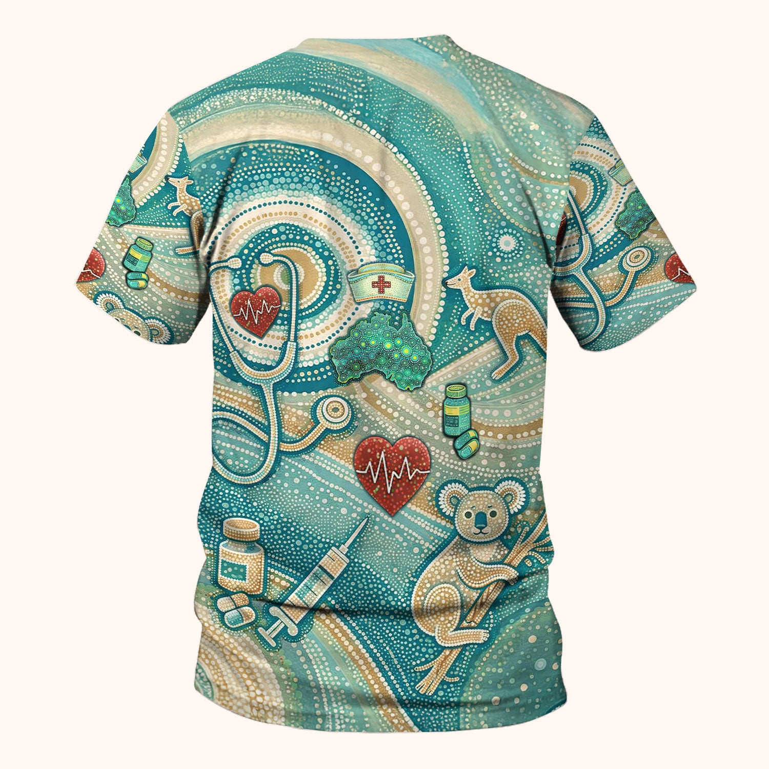 Australian Wildlife Dot Art Inspired Medical Scrub Top - Aussie Women V-Neck Shirt