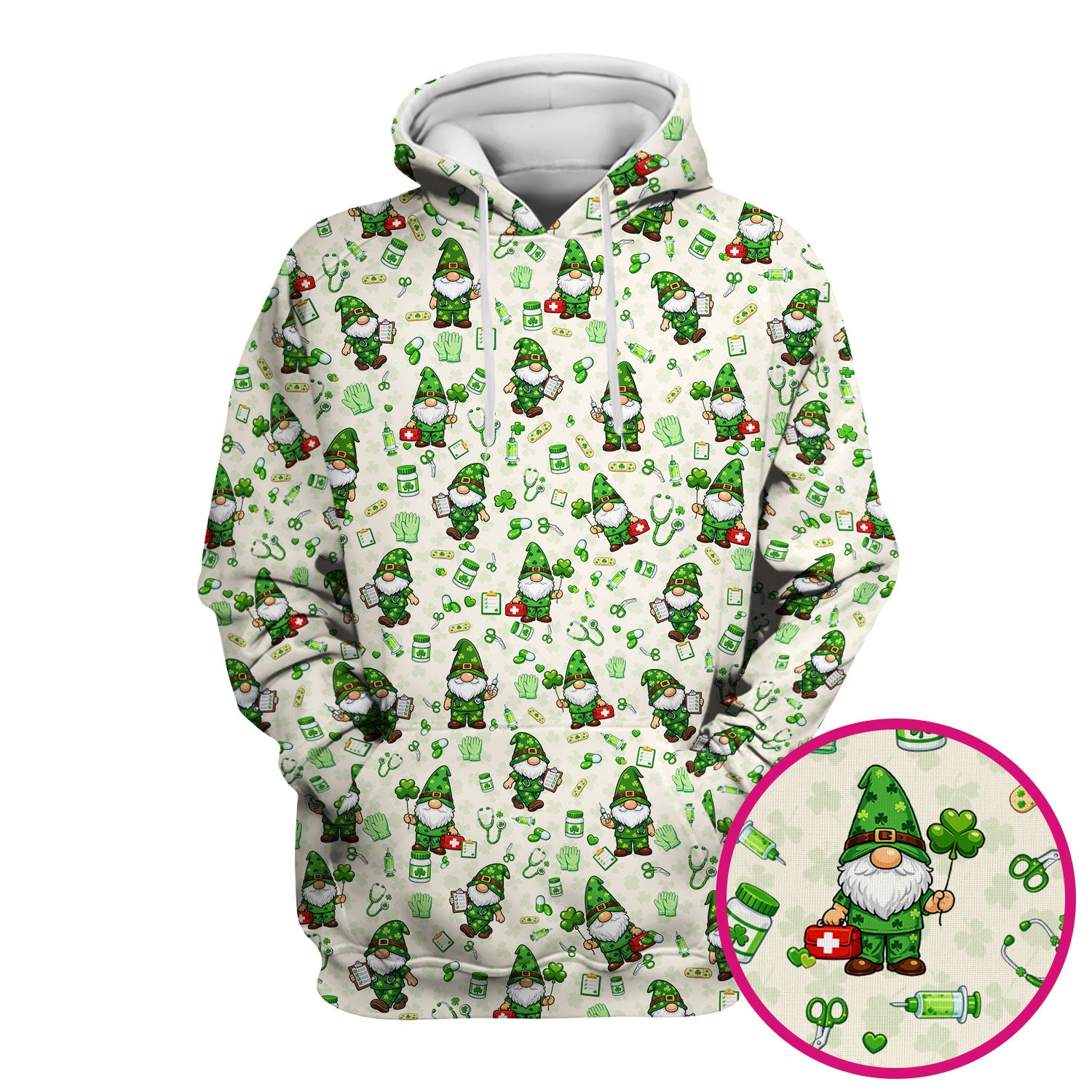 St. Patrick’s Day Nurse Gnome Scrub Top, Green Lucky Medical Pattern Nurse Shirt, Breathable Fabrics Nursing Uniform