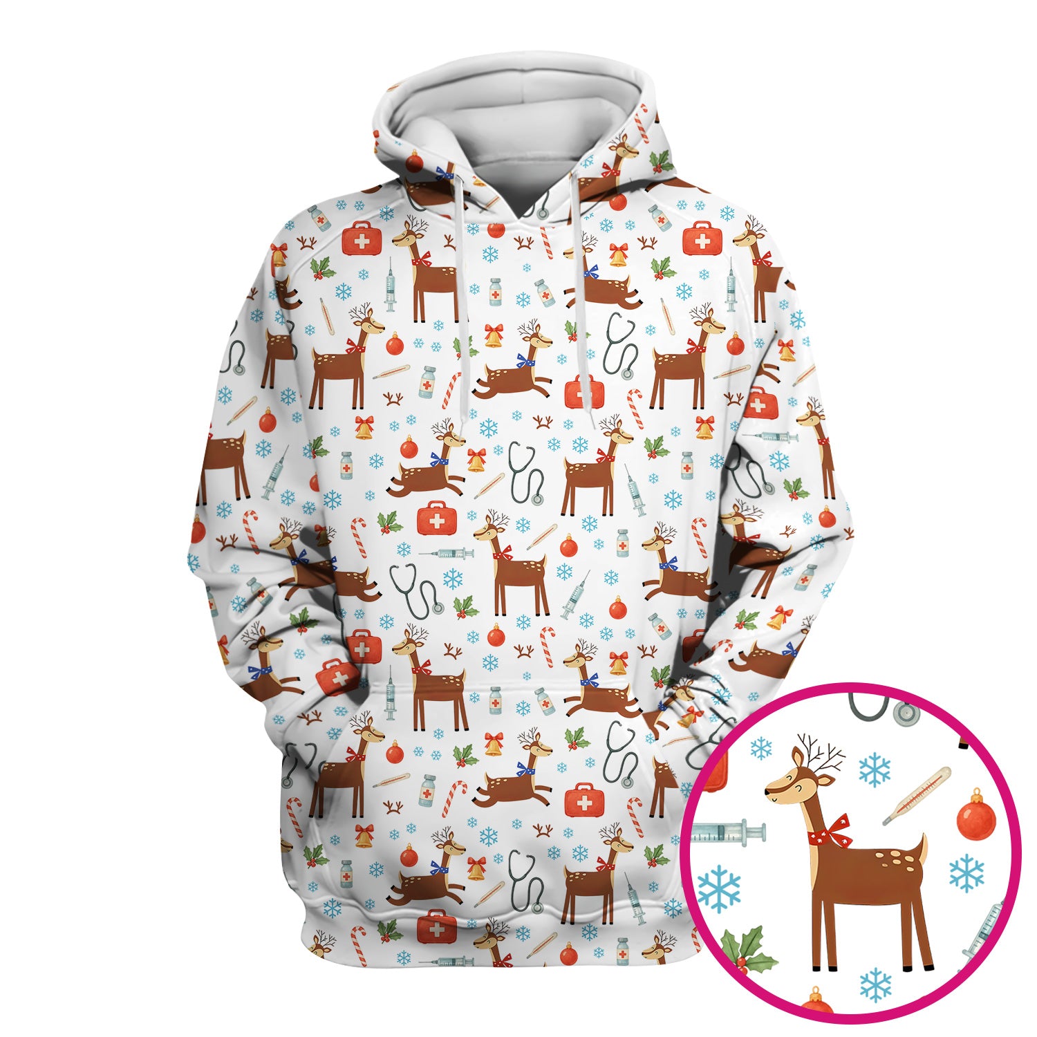 Christmas Reindeer Scrub Top for Nurses - Cute Reindeers Snowflakes Candy Canes Shirt - Comfortable Med Uniform