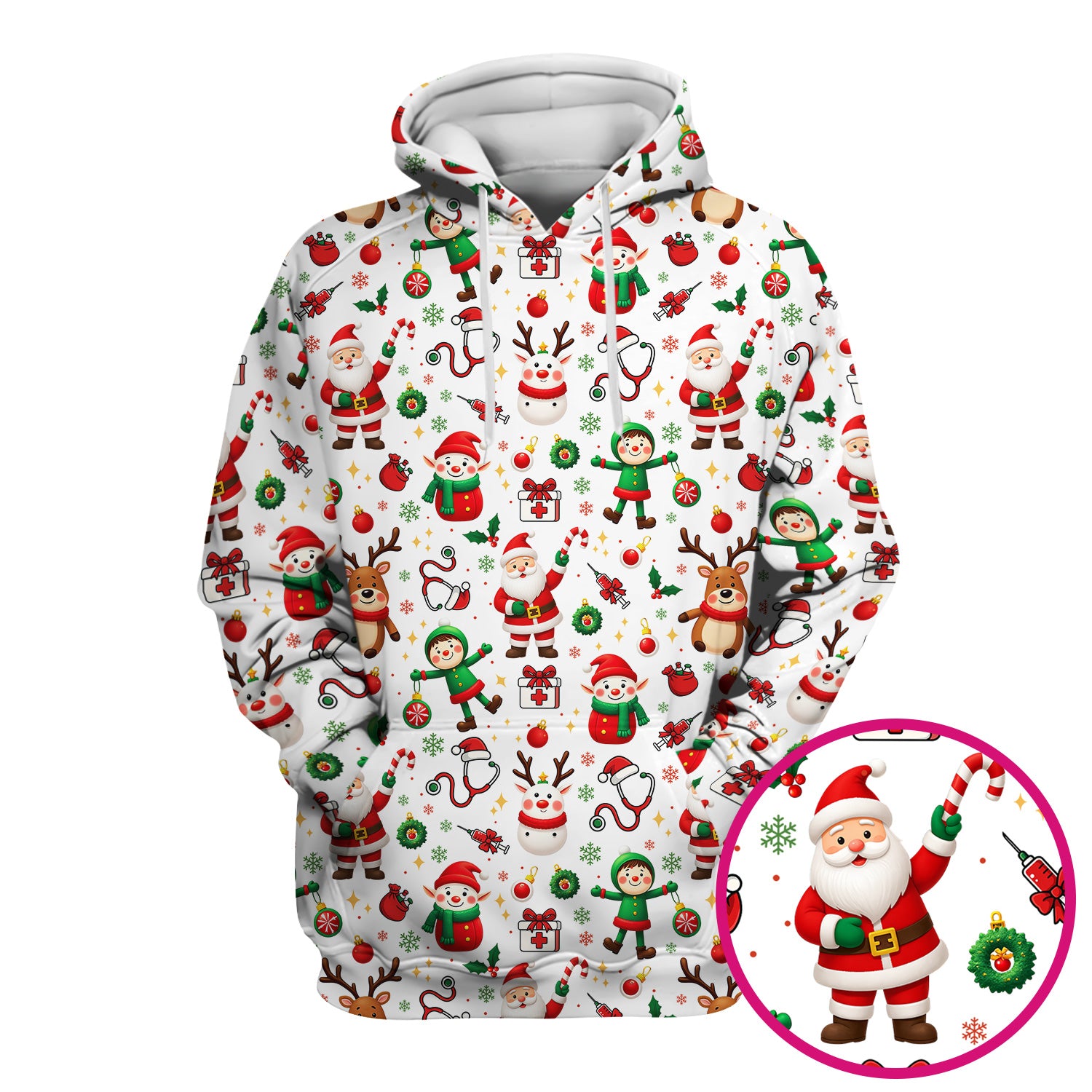 Santa Christmas Scrub Top - Cute Holiday Nurse Medical Shirt - Festive Reindeer Med Uniform for Women RN CNA LPN