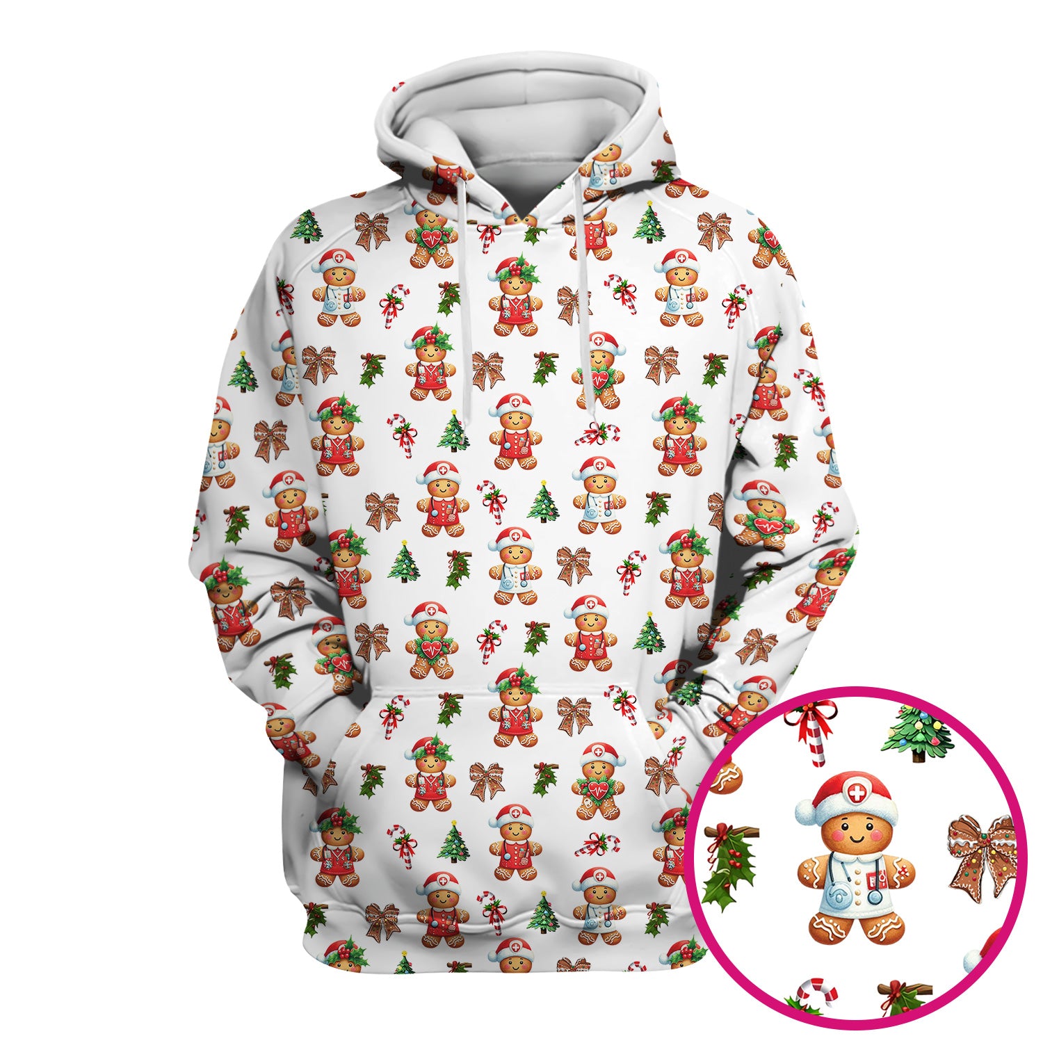 Funny Christmas Scrub Top for Nurse - Adorable Gingerbread Candy Cane Bow- Festive Medical Uniform for Women