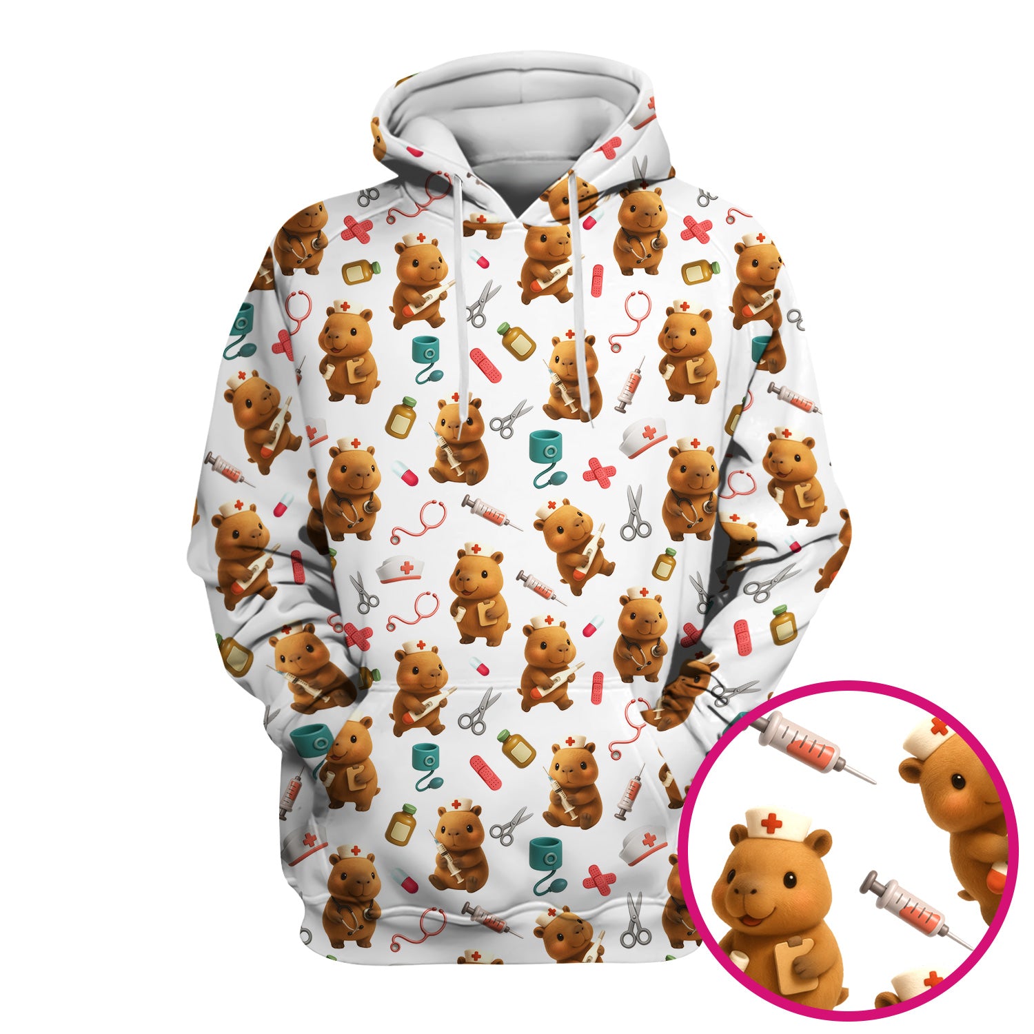 Funny Bear Scrub Top for Women - Nurse Hat and Syringe Pattern Medical Scrubs - Cute Teddy Nurse Shirt Gift for RN CNA LPN