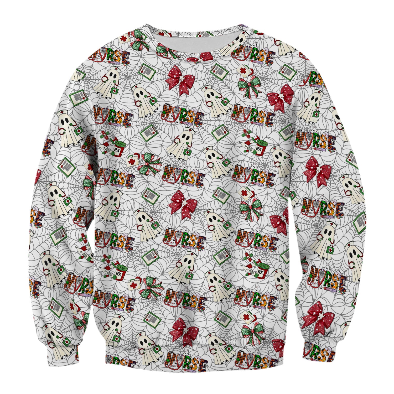 Halloween Nurse Scrub Top for Women - Cute Ghost and Spider Web Scrub Shirt Multi Color - Funny Nursing Work Shirt with Pockets