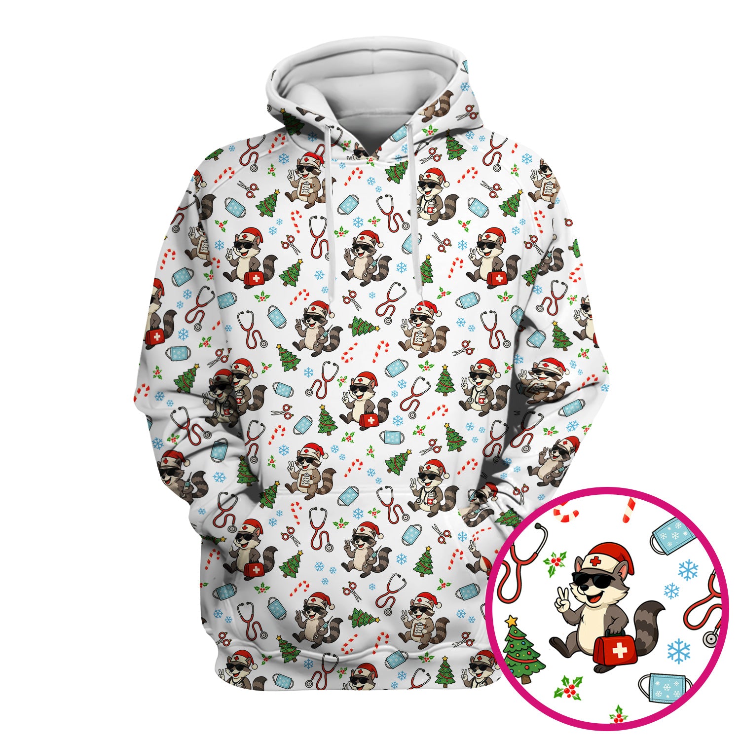 Cute Raccoon Christmas Scrub Top - Santa Hat and Stethoscope Pattern Nurse Scrubs - Funny Holiday Medical Shirt Gift for RN CNA LPN