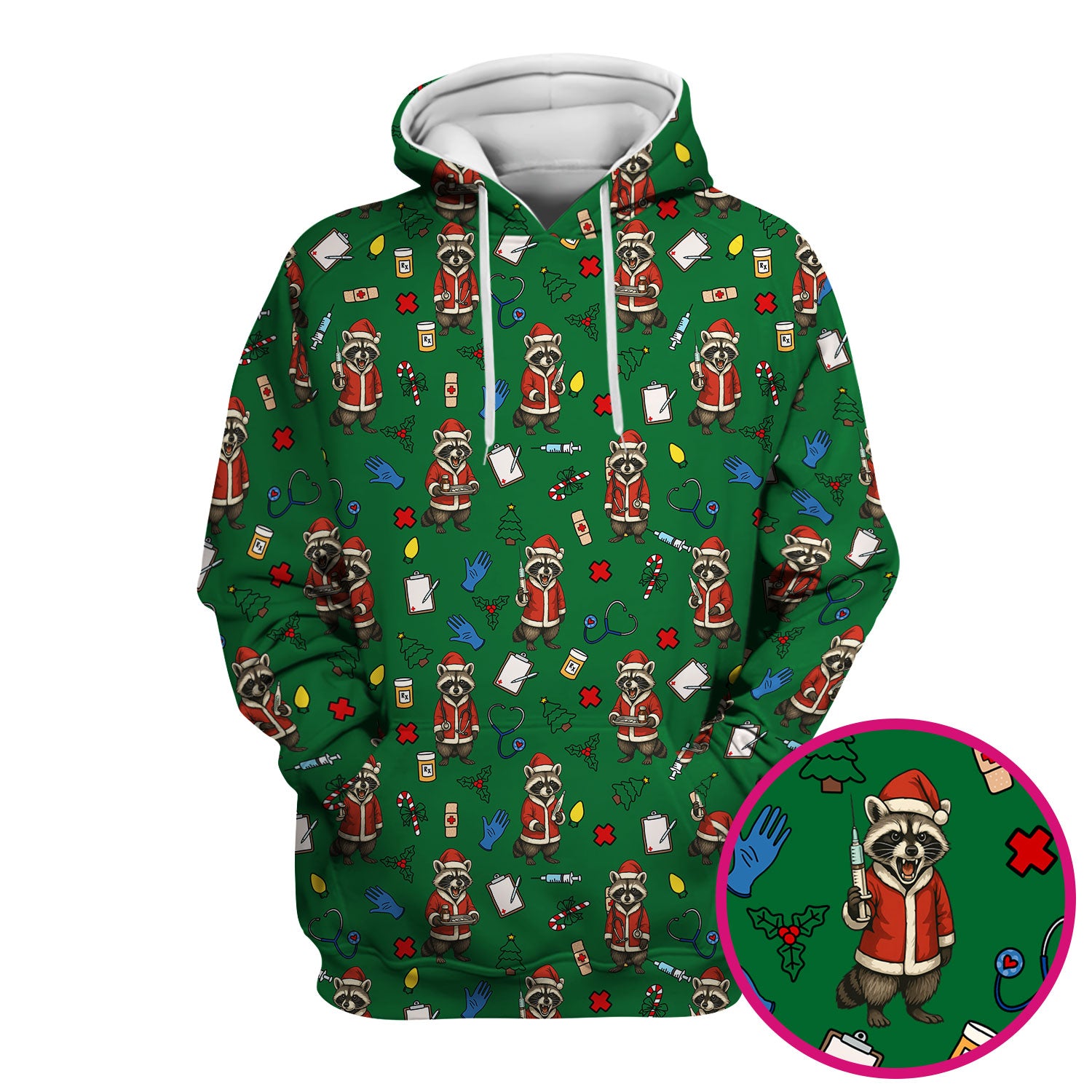 Festive Raccoon Pattern Scrub Top - Christmas Santa Print Medical Shirt - Fun Holiday Gift for RN LPN CNA Women
