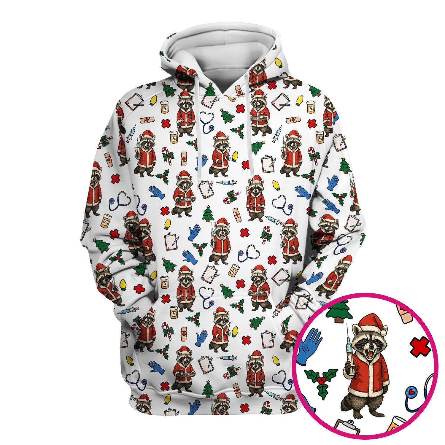 Christmas Raccoon Nurse Scrub Top - Funny Holiday Santa Pattern Shirt - Cute Medical Gift for RN LPN CNA Women