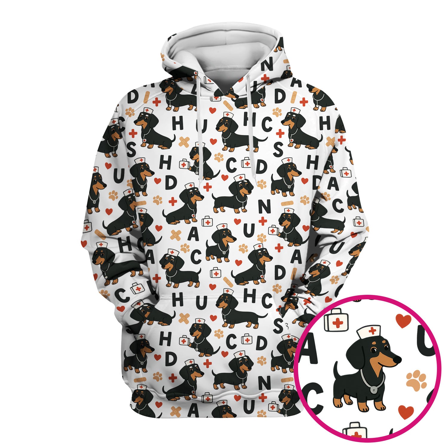 Dachshund Nurse Scrub Top for Women - Cute Dog Pattern Medical Shirt - Funny Sausage Dog Print Scrubs Gift for RN LPN CNA Healthcare Staff