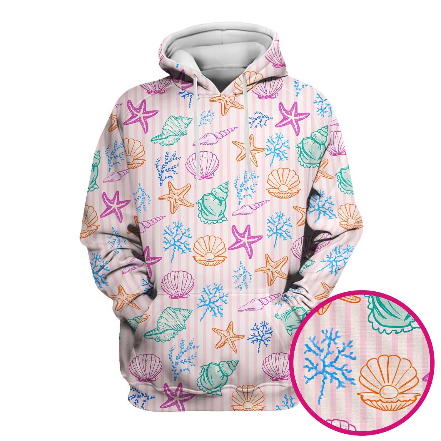 Colorful Seashell Starfish Ocean Stripe Pattern Scrub Top, Breathable Fabrics Nursing Uniform