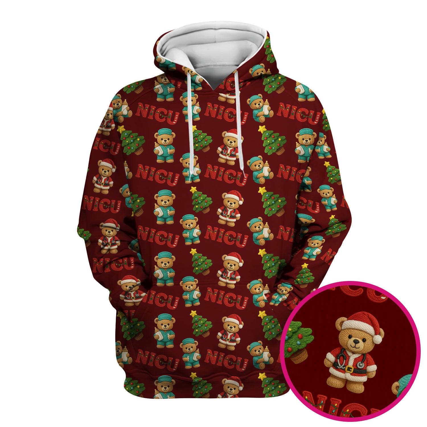 Festive Christmas NICU Nurse Teddy Bear Pattern, Breathable Fabrics Nursing Uniform