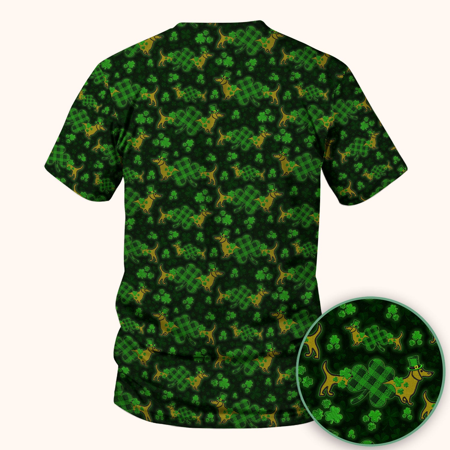 St. Patrick’s Day Dachshund Dog Pattern Scrub Top, Lucky Shamrock Puppy Nurse Scrub Shirt, Green Irish Nursing Uniform