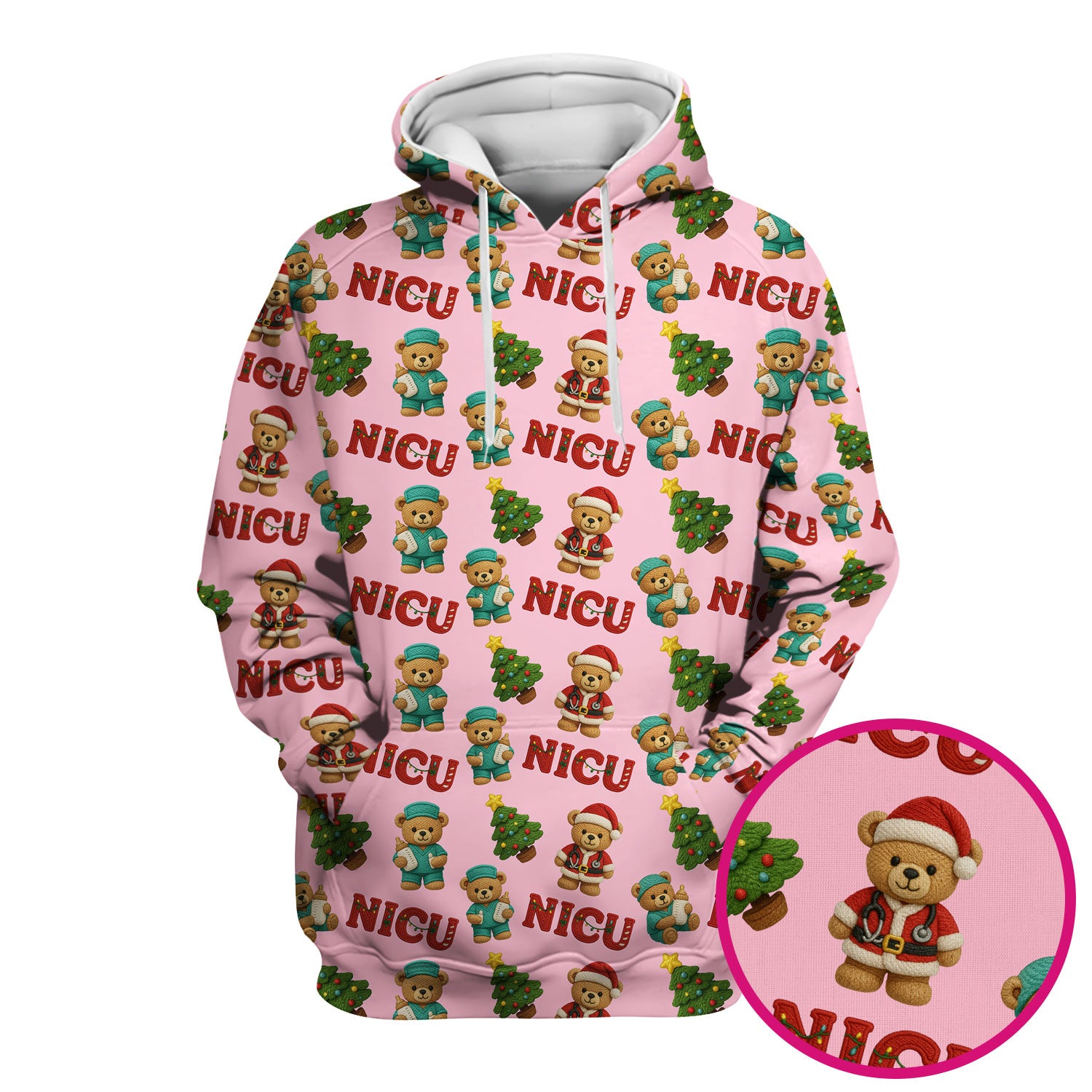 Festive Christmas NICU Nurse Teddy Bear Pattern, Breathable Fabrics Nursing Uniform