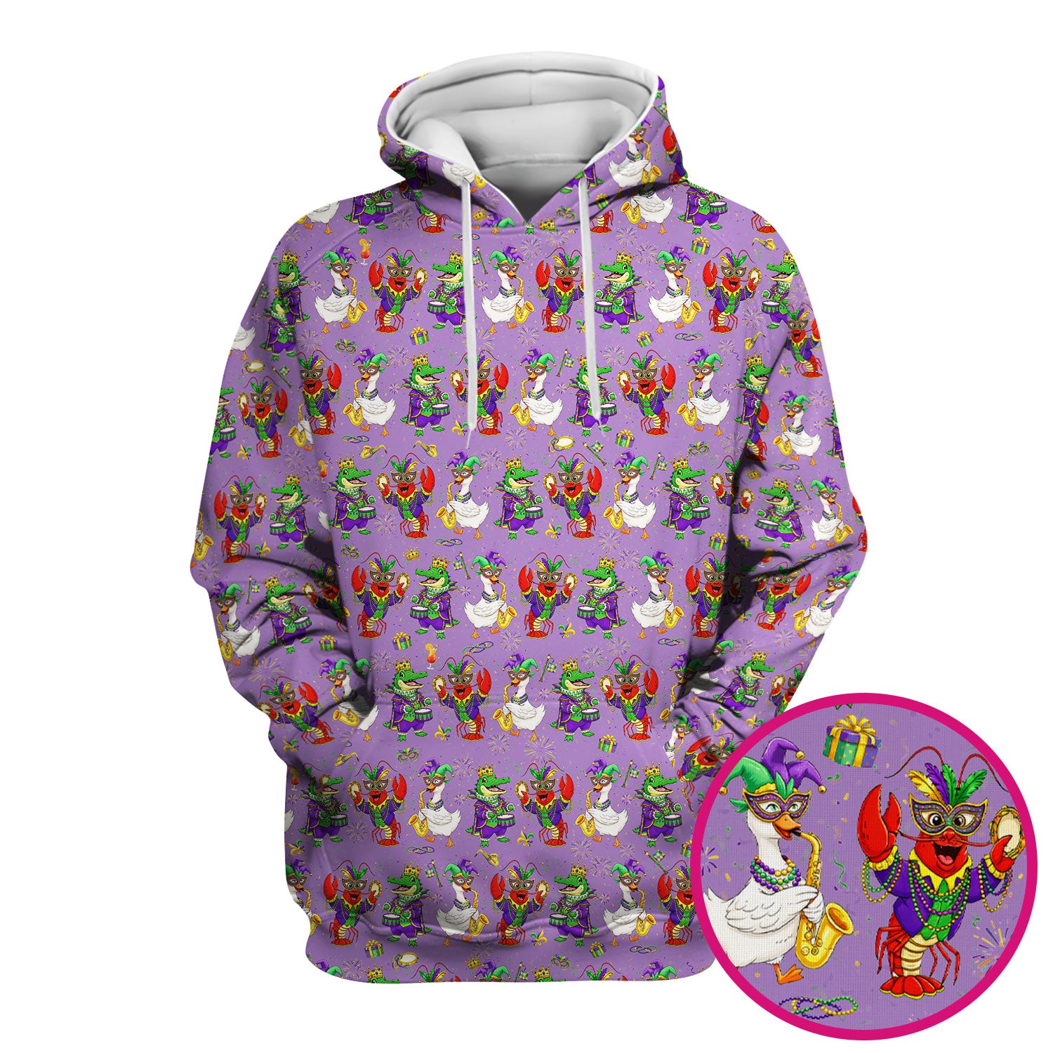 Crawfish And Duck Carnival Scrub Top, Mardi Gras Parade Pattern Nurse Shirt, Breathable Fabrics Nursing Uniform