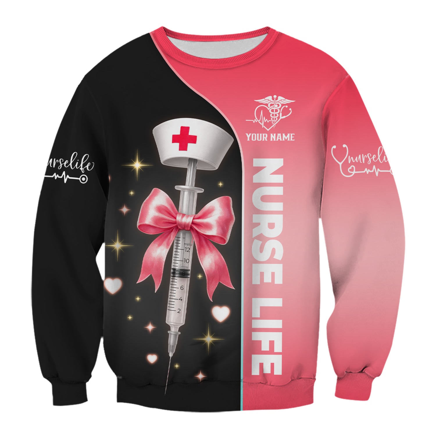 Personalized Nurse Life Scrubs for Women RN LPN CNA - Cute Pink and Black Syringe Bow Design - Funny Medical Quote Gift for Healthcare Workers in Nursing Field