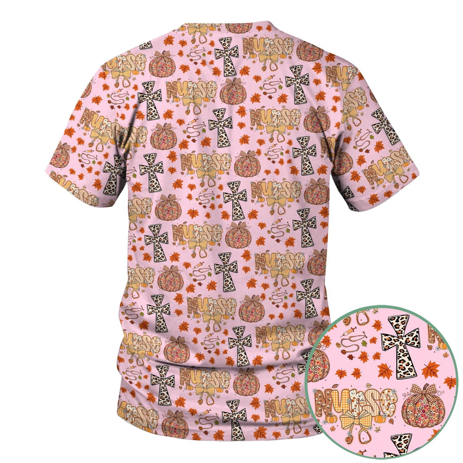 I Will Praise Him In Every Season - Boho Pumpkin Leopard Cross Fall Scrub Top for Nurse - Thanksgiving Med Uniform for Women