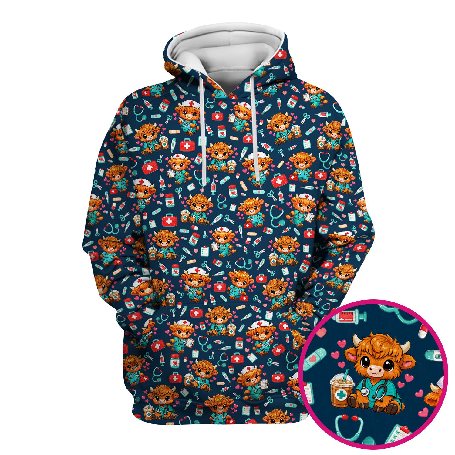 Cute Highland Cow Nurse Scrub Top, Kawaii Medical Pattern Shirt, Breathable Fabrics Nursing Uniform