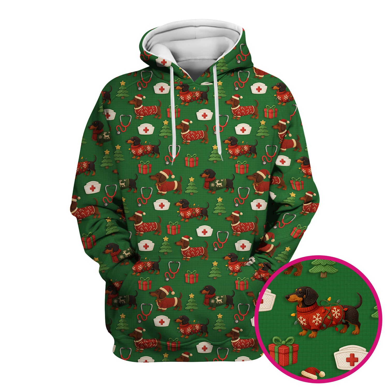 Custom Nurse Scrubs for Women - Dachshund Dog Christmas Print with Gifts & Holiday Tree - Multi Color Nursing Shirt Gift Idea