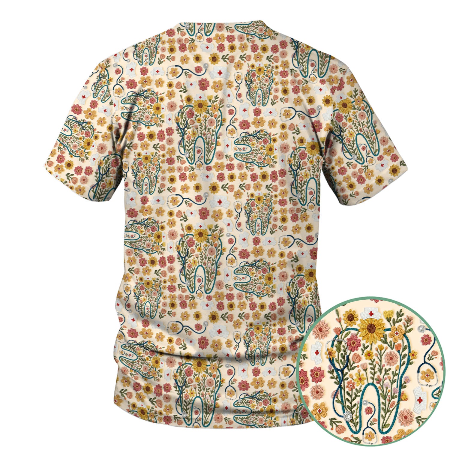 Boho Floral Tooth Scrub Top - Aesthetic Dental Scrubs for Women - Cute Flower Tooth Pattern Medical Uniform - Hygienist Christmas Gift