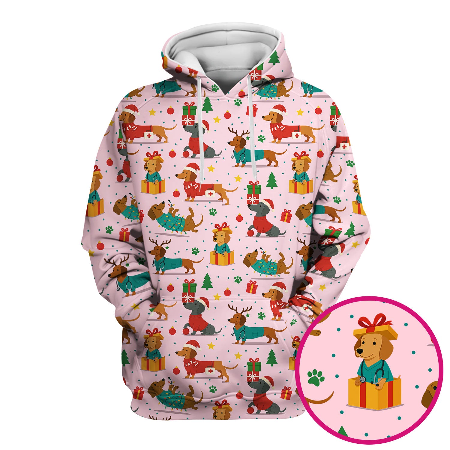 Christmas Dog Scrub Top for Women - Cute Dachshund Nurse Shirt - Holiday Medical Scrubs Gift for CNA RN Doctor