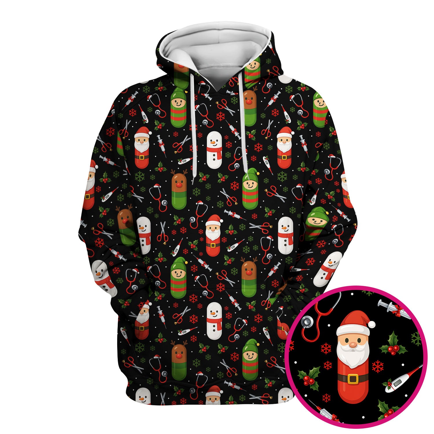 Christmas Scrub Top for Nurses – Cute Santa and Medical Tools Pattern – Holiday Nurse Scrubs with Snowman and Reindeer Design