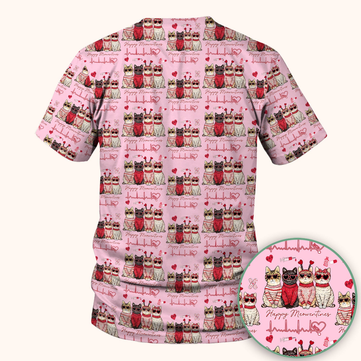 Happy Meowtines Cat Pattern Scrub Top, Valentine Cat Lover Nurse Scrub Shirt, Heartbeat Medical Pattern Nursing Uniform