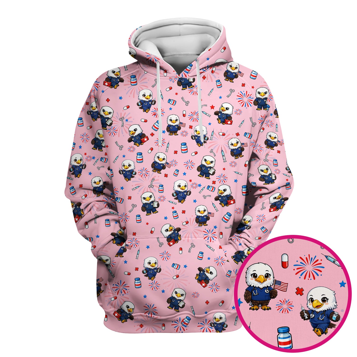 Patriotic Nurse Eagle Fireworks Medical Pattern Scrub Top, Breathable Fabrics Nursing Uniform