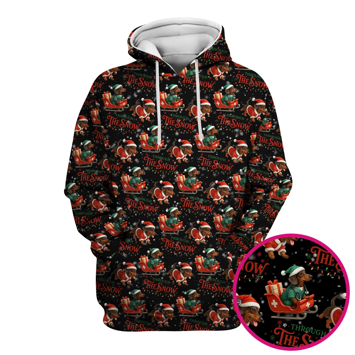 Dachshund Christmas Scrub Top, Cute Dog Nurse Scrub Shirt, Through The Snow Pattern Nursing Uniform
