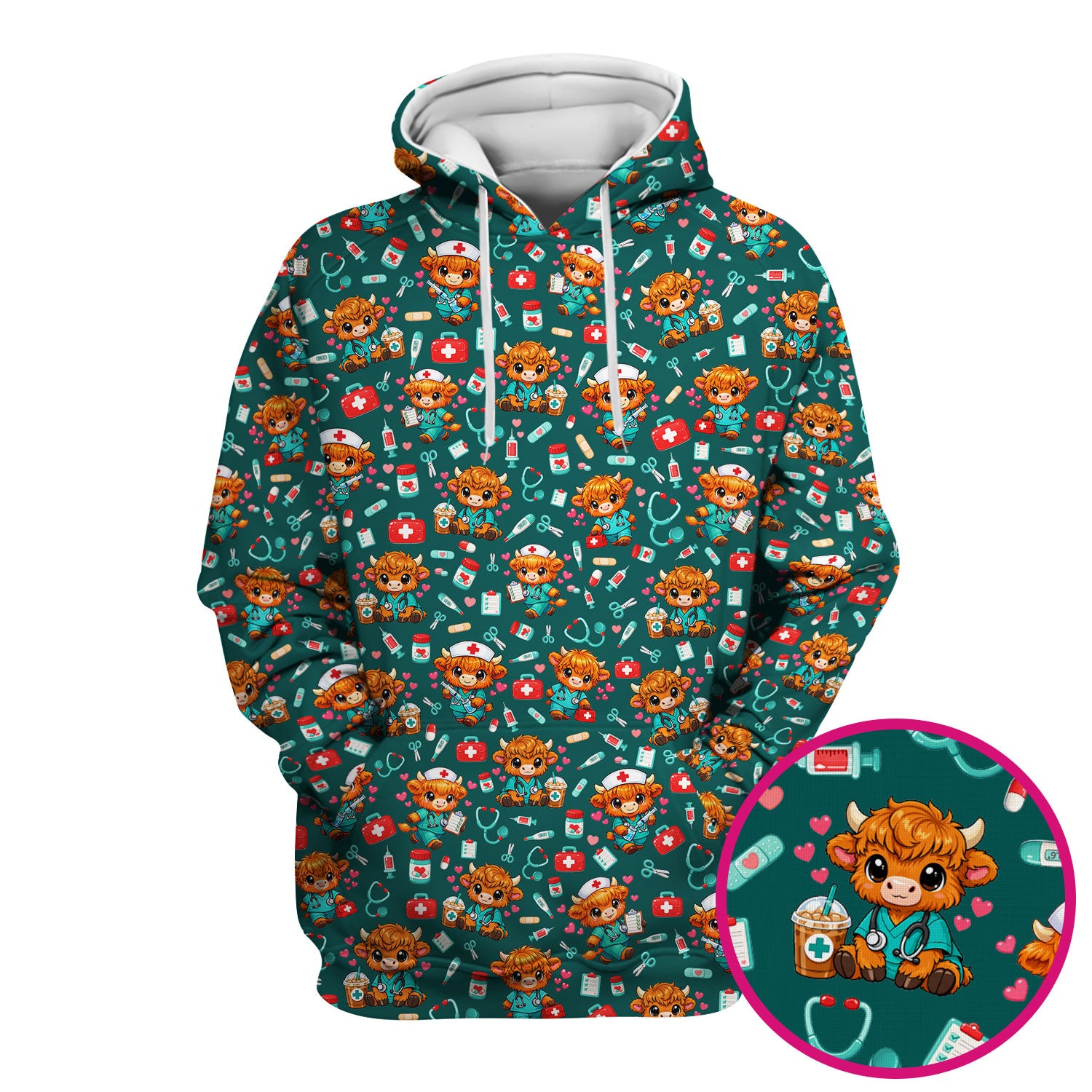 Cute Highland Cow Nurse Scrub Top, Kawaii Medical Pattern Shirt, Breathable Fabrics Nursing Uniform