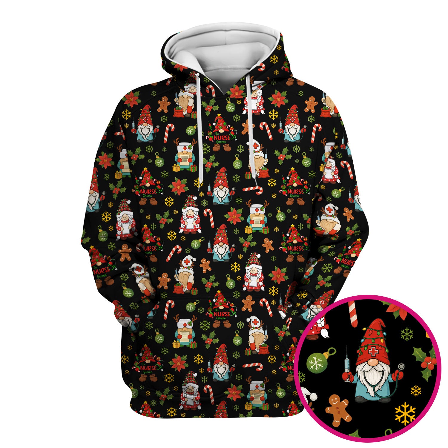 Christmas Gnome Nurse Scrub Top - Cute Holiday Santa Reindeer Print Scrubs - Funny Xmas Medical Scrub Shirt Gift for Women, CNA, RN, Doctor