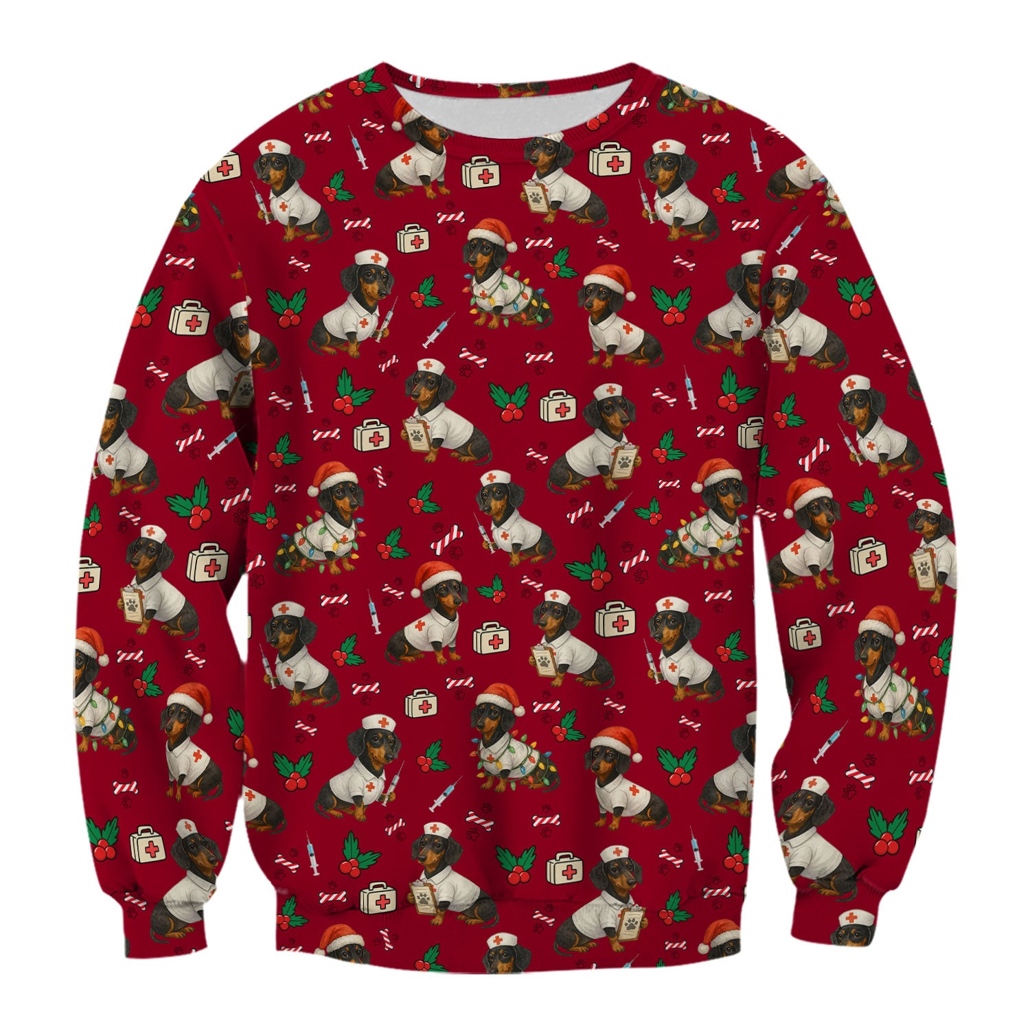 Christmas Dachshund Nurse Scrub Top - Funny Dachshund Dog Scrub Shirt Multi Color - Cute Holiday Nursing Work Shirt for Women
