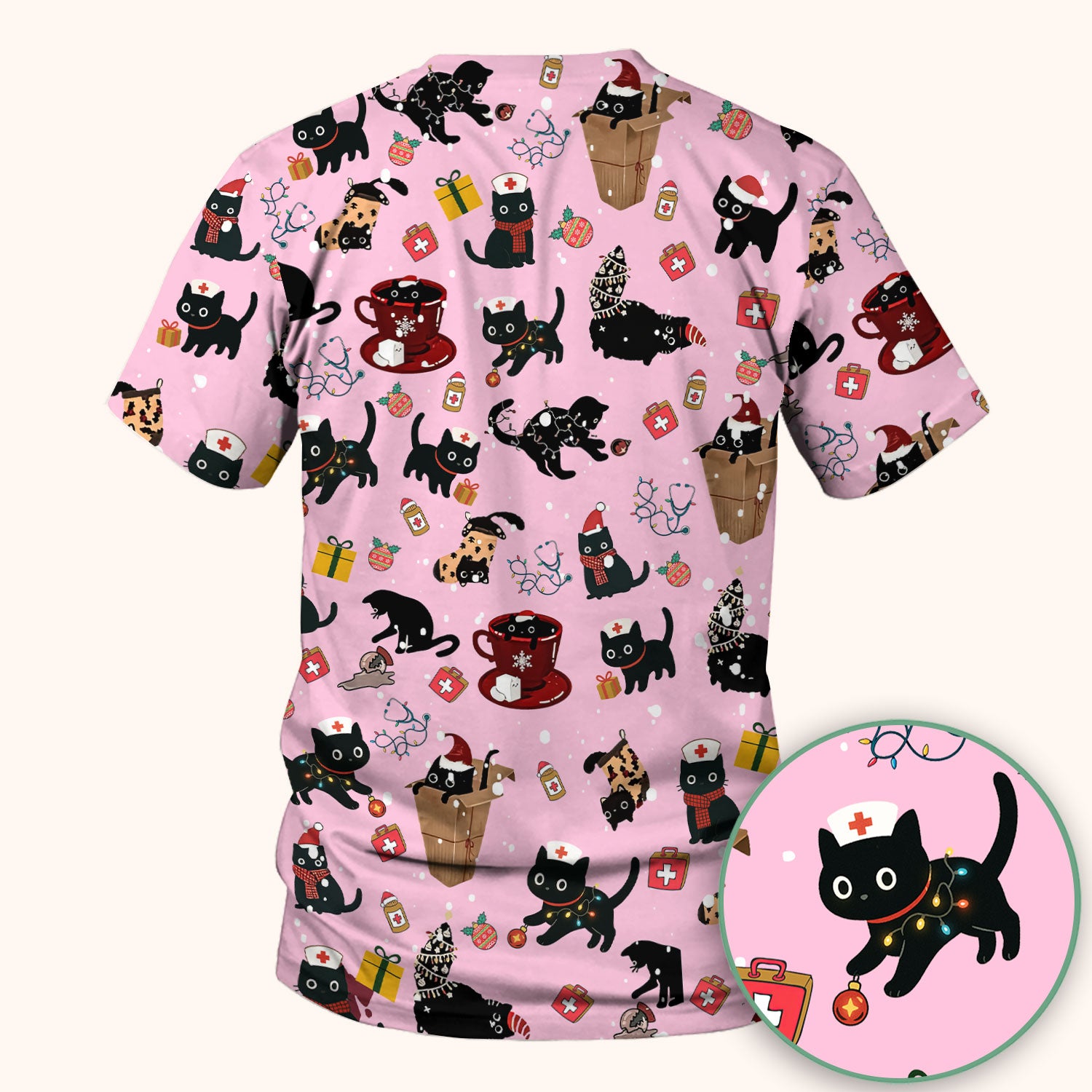 Christmas Cat Scrub Top for Nurse - Funny Black Cats Shirt - Cute Holiday Medical Uniform for Women