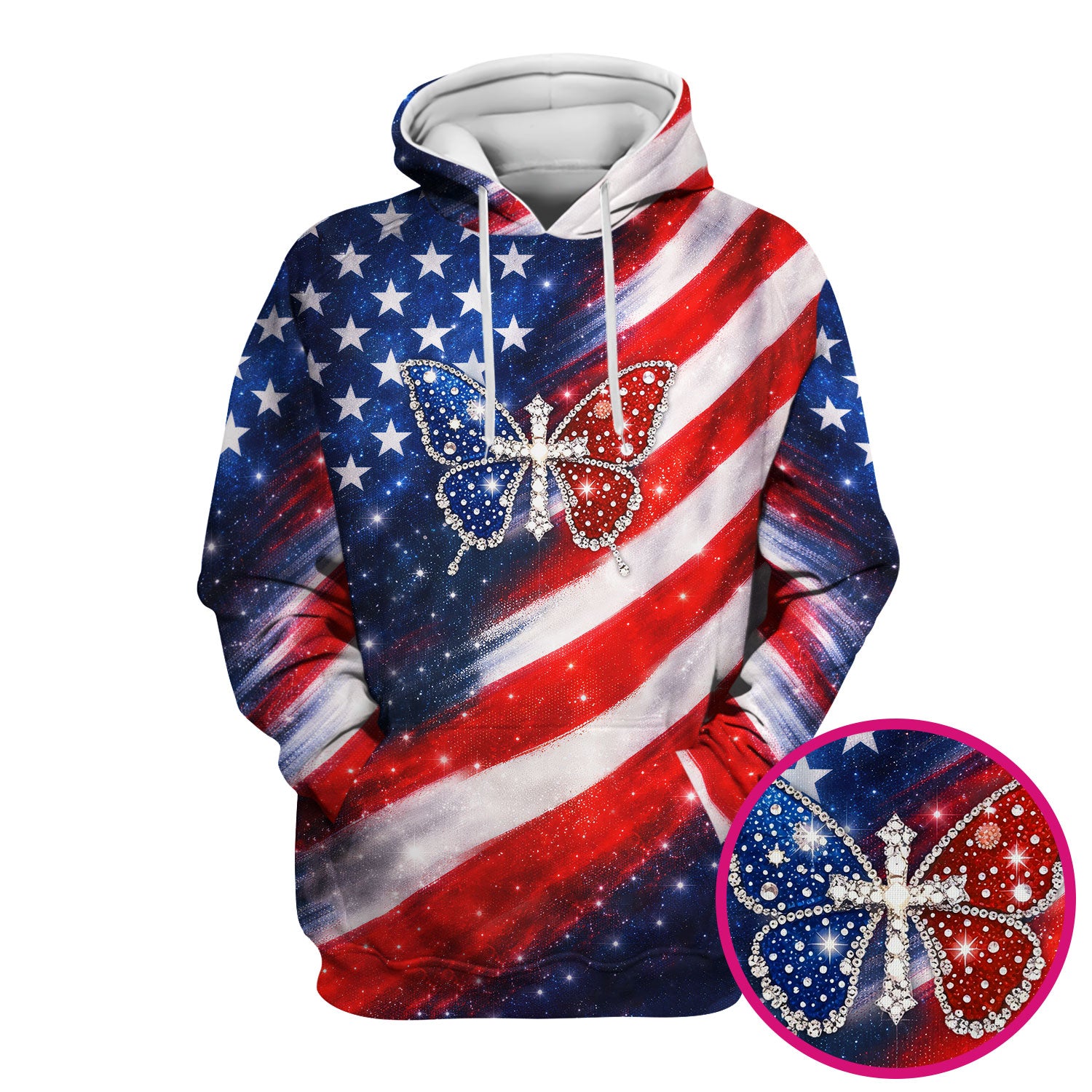 USA Flag Glitter Butterfly Rhinestone Pattern Scrubs Top, Breathable Fabrics Nursing Uniform