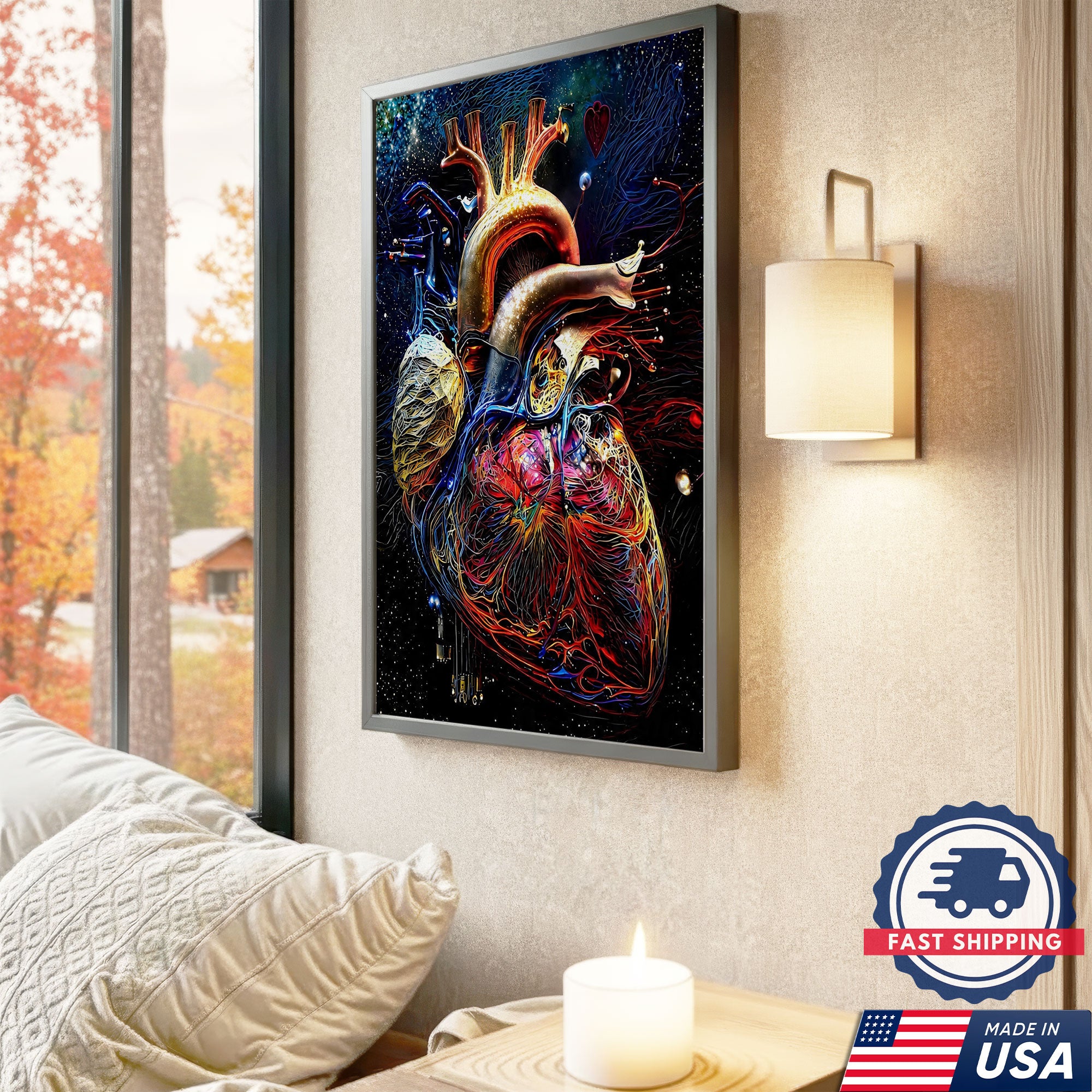 Neon Human Heart Anatomy Canvas Wall Art, Nurse Clinic Decor